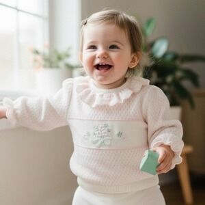 Baby Girls Pink & White Knit Sweater Ruffle Collar Floral Bow Zip 18M vintage